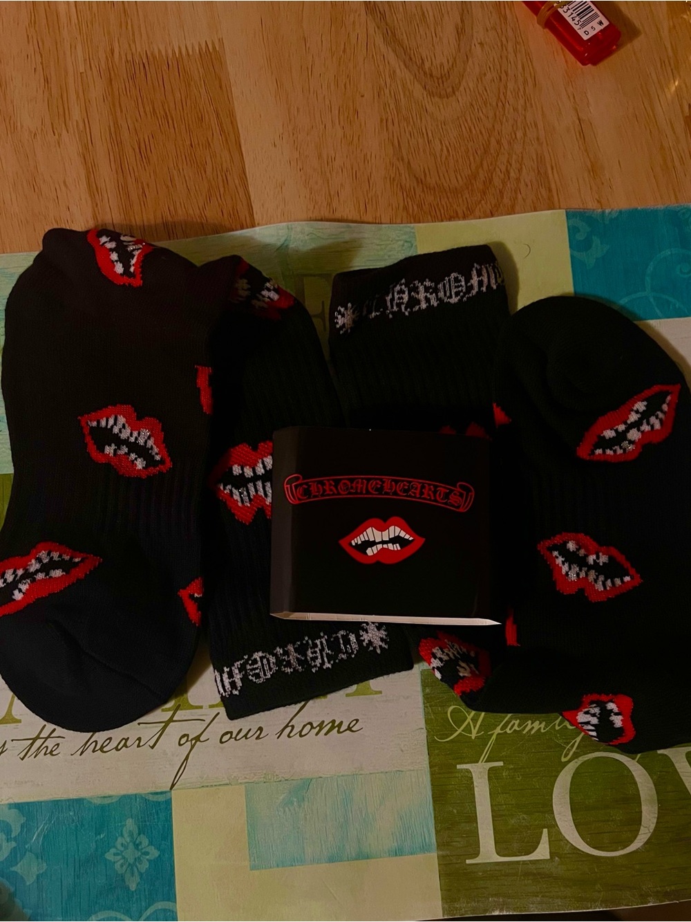 Chrome Hearts Black Crew Socks with Red Lip Pattern